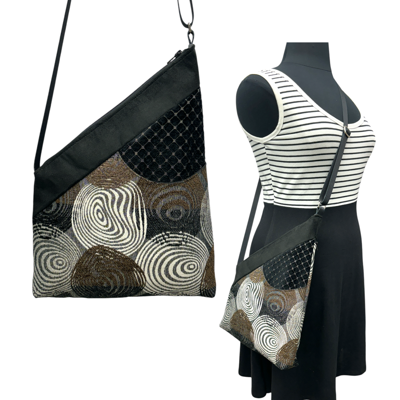 SALE Festival Bag - Black Brown Grey Circles