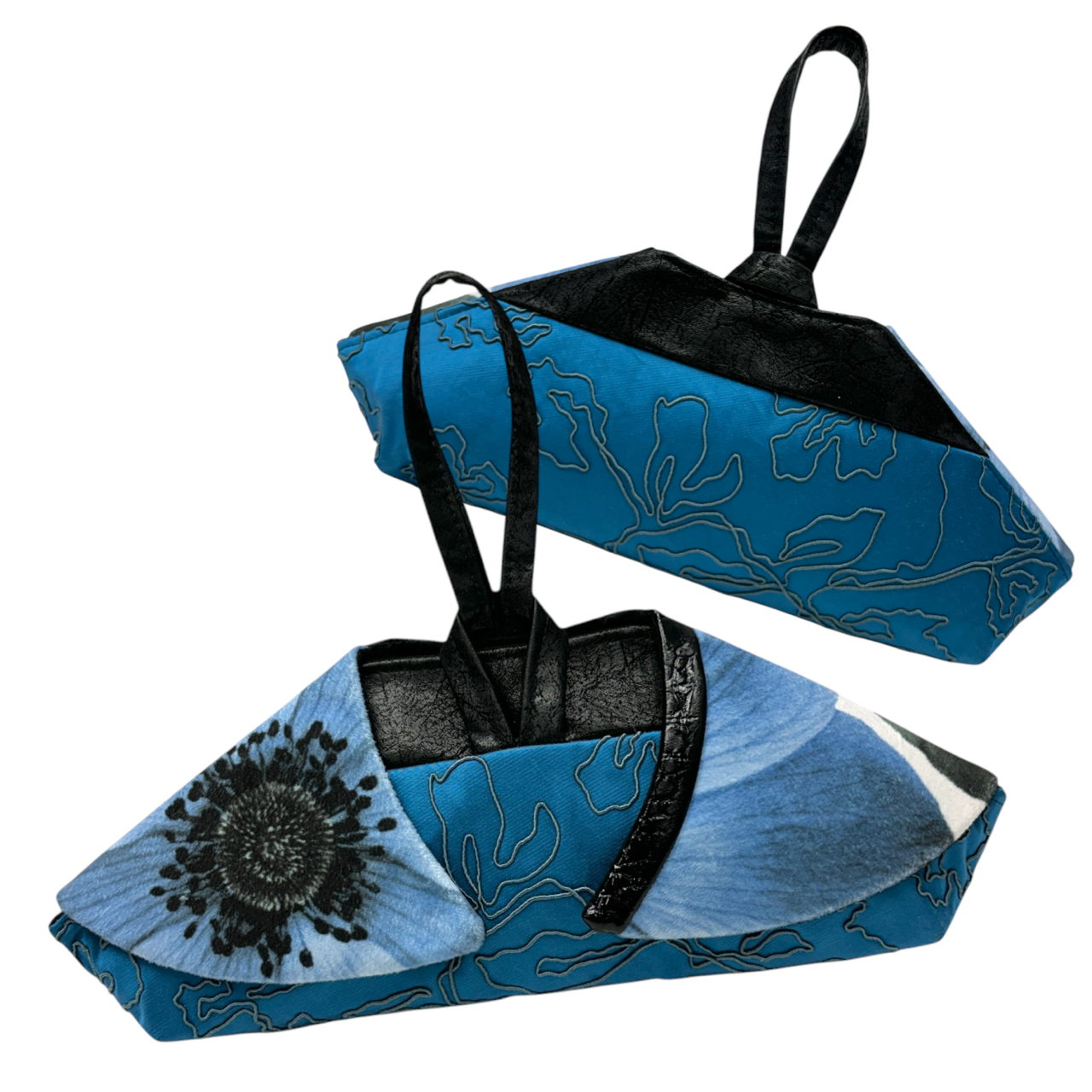 Evening Event Winged Wristlet Black/Blue Flower on Twisted Blue Satin