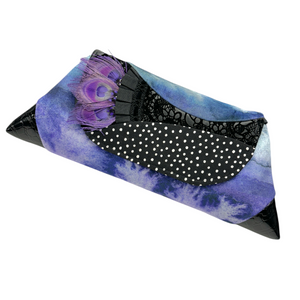 Evening Event Clutch Black Dots Purple Waves with Peacock Feathers