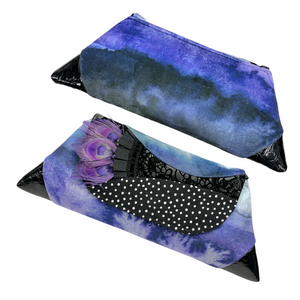 Evening Event Clutch Black Dots Purple Waves with Peacock Feathers