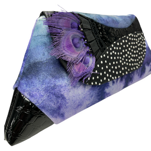 Evening Event Clutch Black Dots Purple Waves with Peacock Feathers