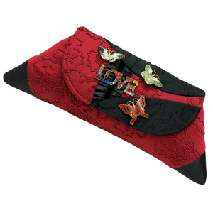 Evening Event Clutch LOVE black red with vintage butterflies