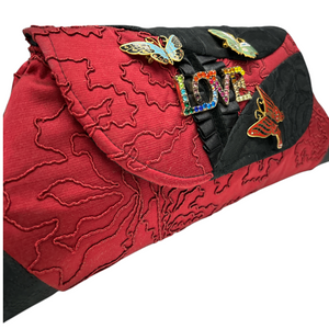 Evening Event Clutch LOVE black red with vintage butterflies