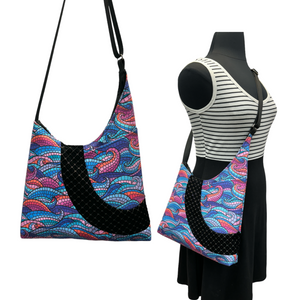 SALE Cross Body Tote Blue/Pink Waves with Black Diamonds