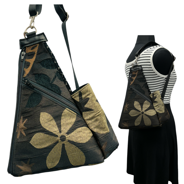 Origami Bag Chocolate Brown & Black with Gold Flower