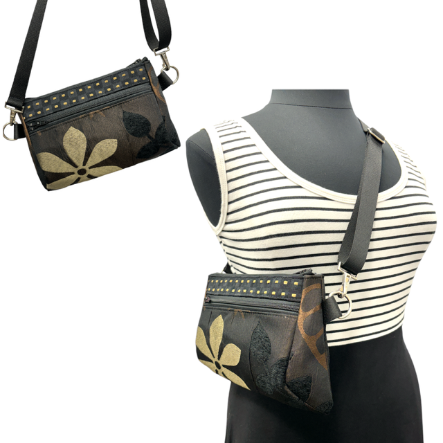 SALE Hip Bag - Chocolate Brown & Black with Gold Flower