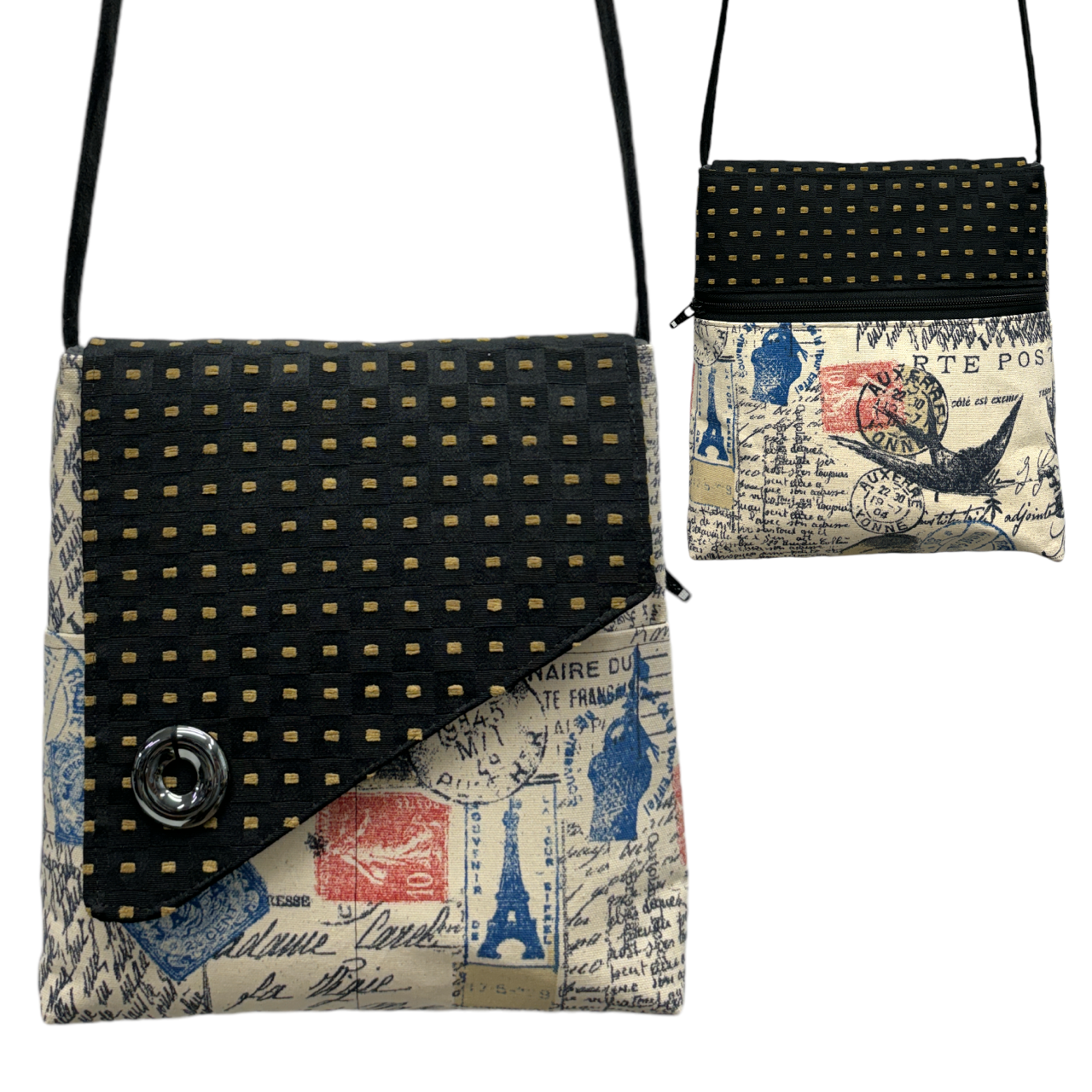 SALE Day Bag - Black Tan Squares / Travel Stamp