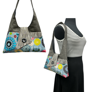 Joyful Tote 60s Aqua with Grey Wavy Dots