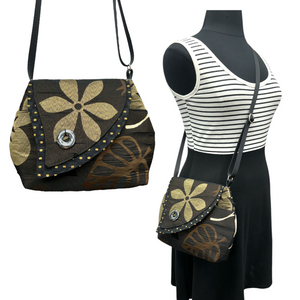 SALE Tiger Lily Bag - Chocolate Brown & Black with Gold Flower