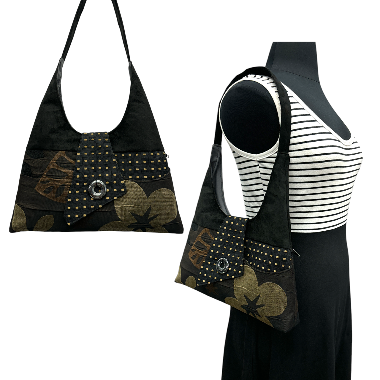 SALE Joyful Tote - Chocolate Brown & Black with Gold Flower