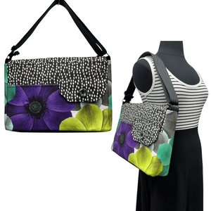 SALE Travel/Laptop Bag Big Flower Purple Green on Black White Dots